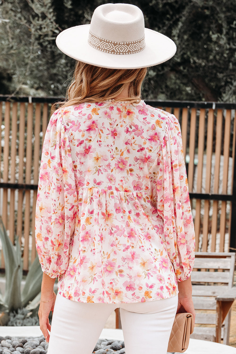 Floral Print Tassel Tie Smocked V Neck Puff Sleeve Tunic Blouse