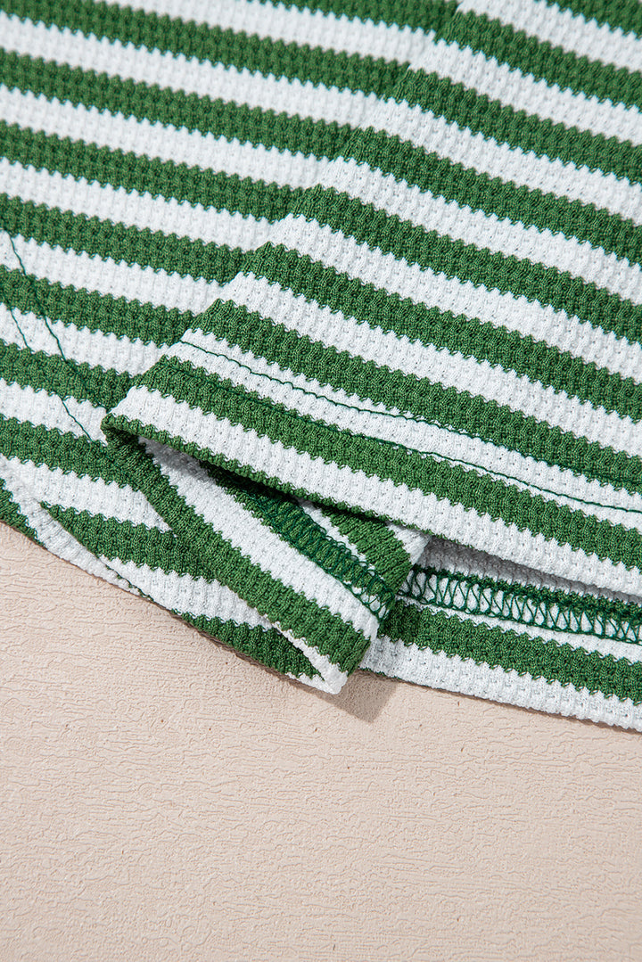 Dearlovers Green Stripe Thermal Knit Drop Shoulder Casual Top