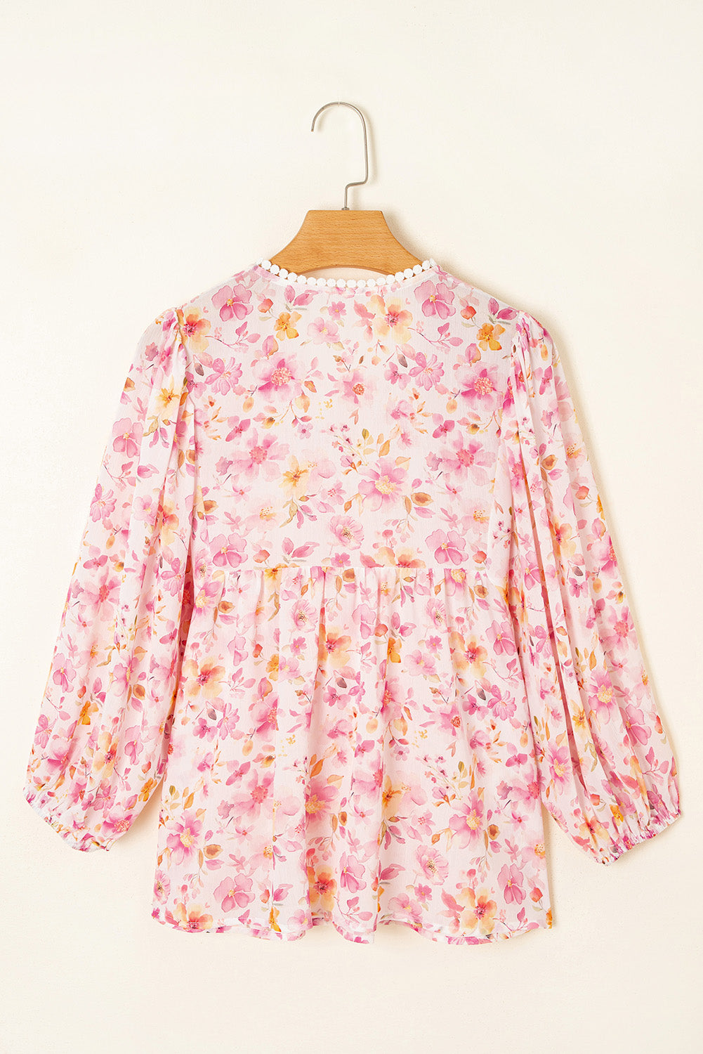 Floral Print Tassel Tie Smocked V Neck Puff Sleeve Tunic Blouse