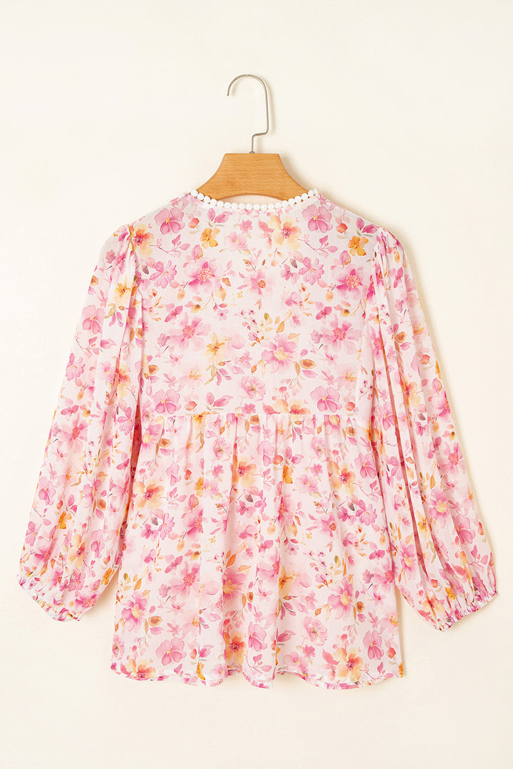Floral Print Tassel Tie Smocked V Neck Puff Sleeve Tunic Blouse