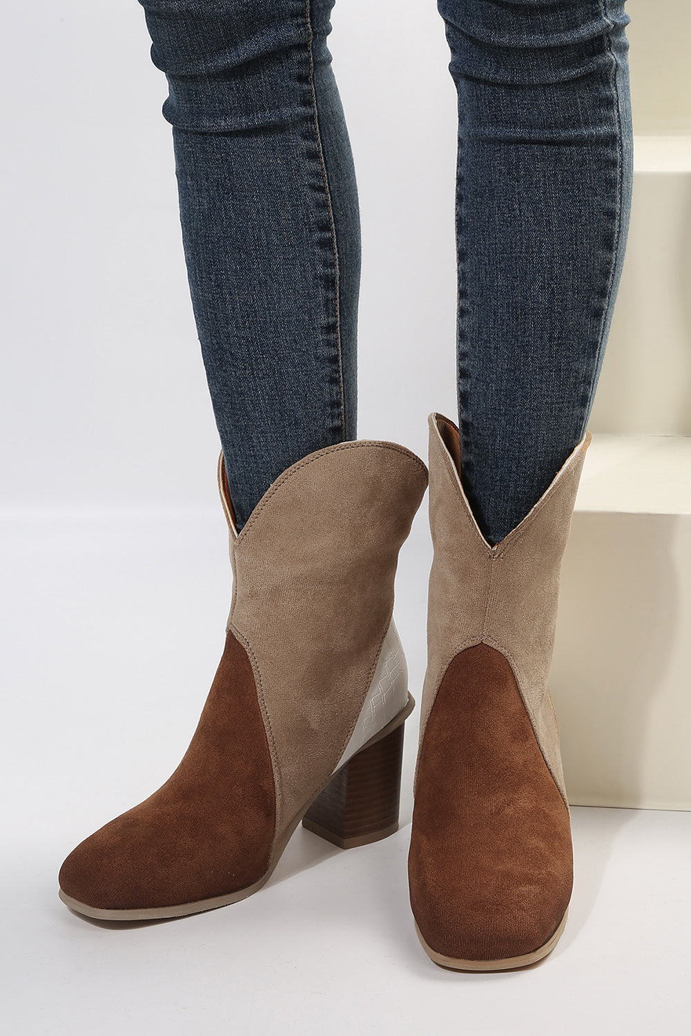 Colorblock Suede Heeled Ankle Booties