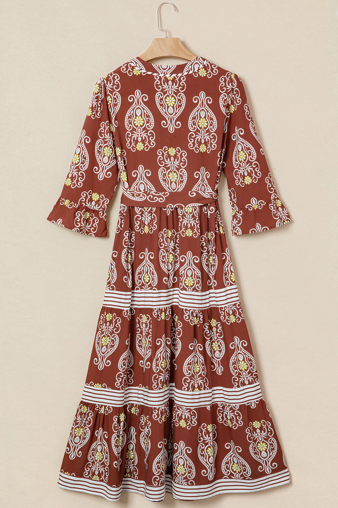 Floral Print Belted Striped Trim Tiered Maxi Dress