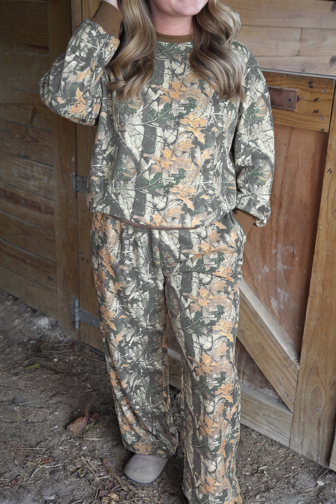 Brown Jungle Camouflage Print Long Sleeve Top Plus Size Pant Set