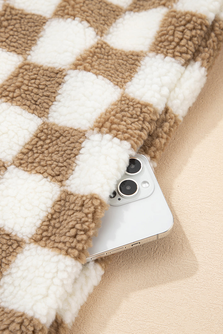 Brown Checkered Sherpa Buttoned Front Chunky Jacket