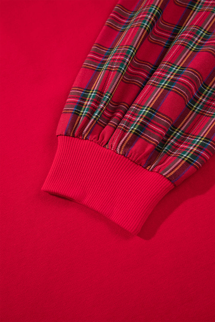 Fiery Red Plaid Sleeve Colorblock Zip-Up Shift Silhouette Ribbed Hem Plus Size Hoodie