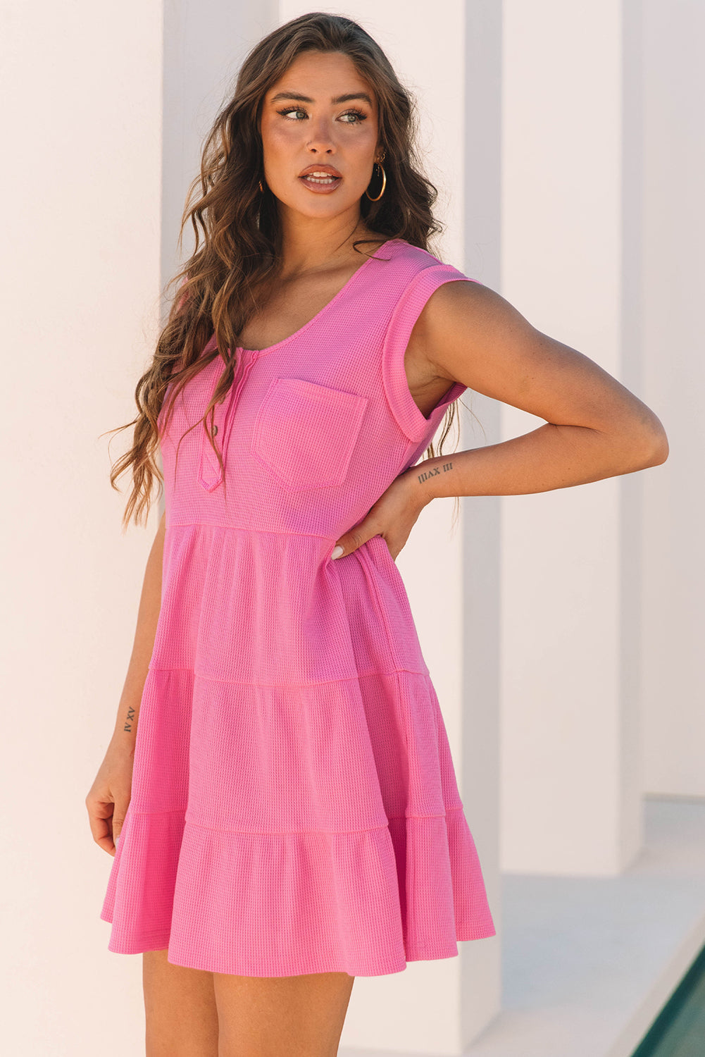 Waffle Textured Button Round Neck A-line Tiered Sleeveless Dress