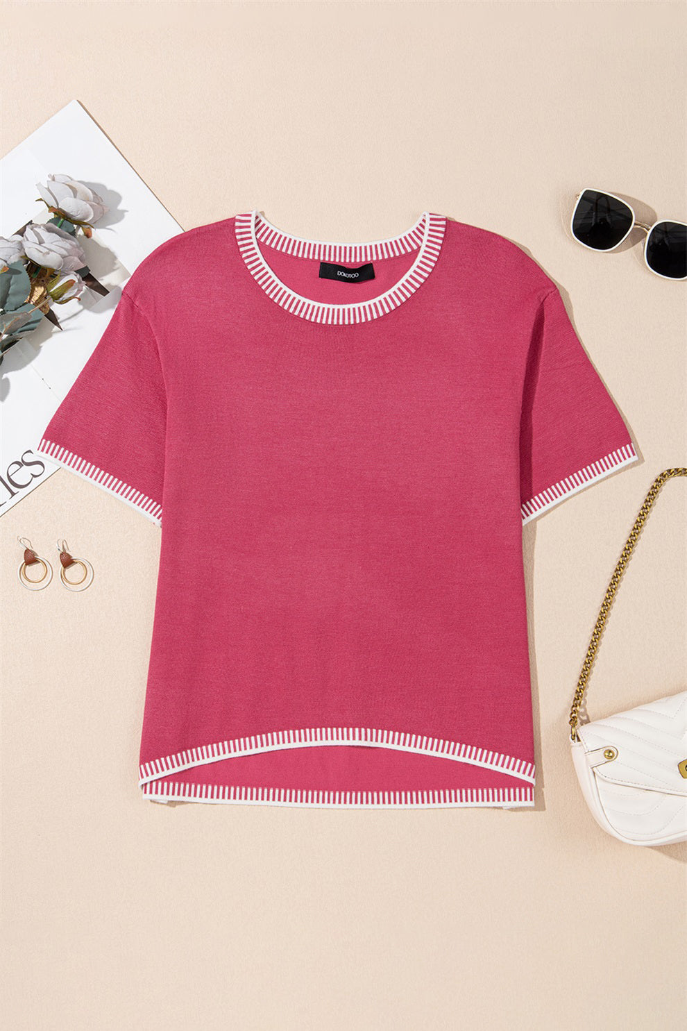 Contrast Striped Trim Round Neck Half Sleeve Sweater