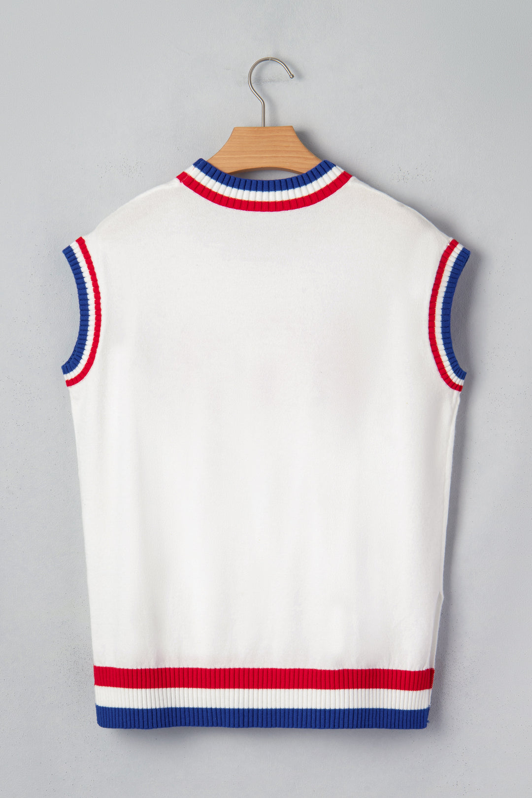 White USA Contrast Striped Trim Round Neck Short Sleeve Sweater