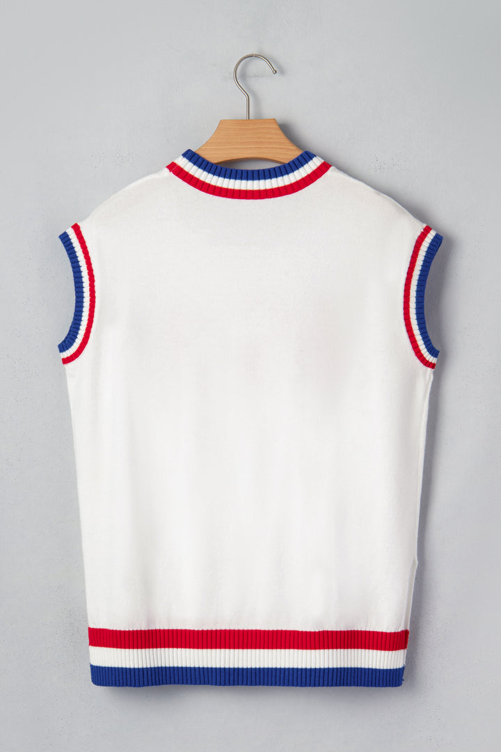 White USA Contrast Striped Trim Round Neck Short Sleeve Sweater