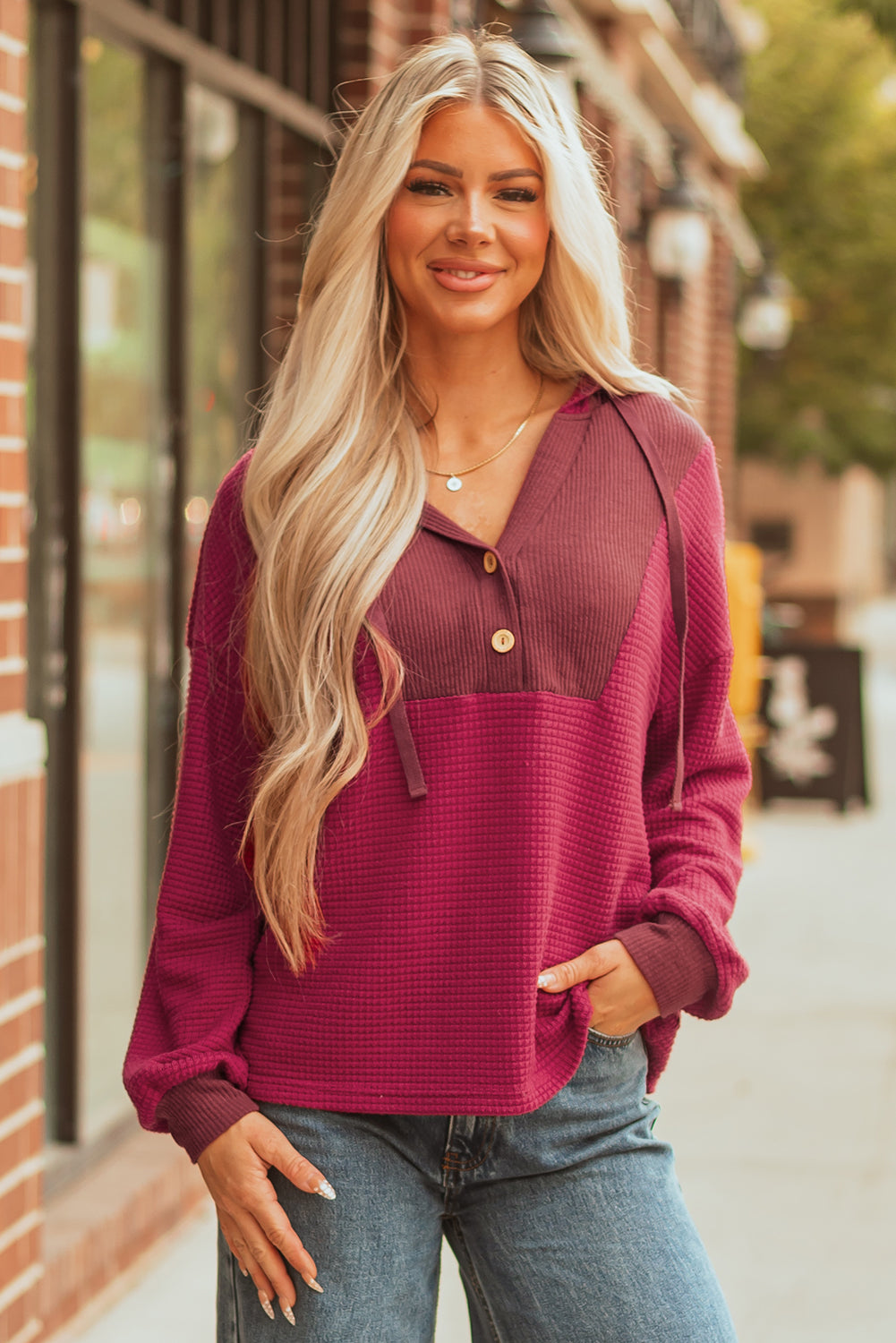 Red Waffle Patchwork Drop Shoulder Hooded Long Sleeve Top