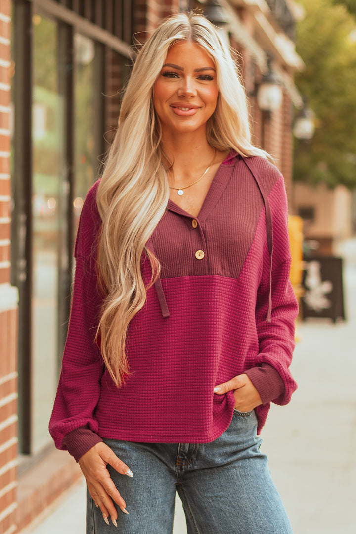 Red Waffle Patchwork Drop Shoulder Hooded Long Sleeve Top