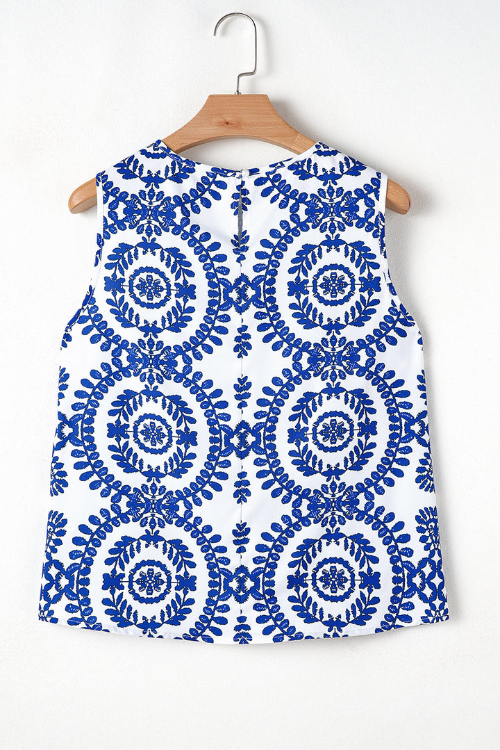 Vintage Print Pintuck Crew Neck Tank Top