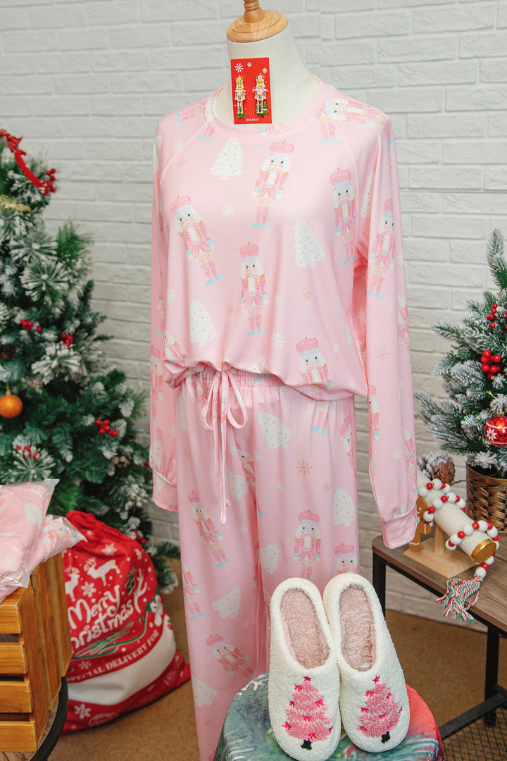 Pink Christmas Tree Nutcracker Print 2pcs Lounge Pant Set