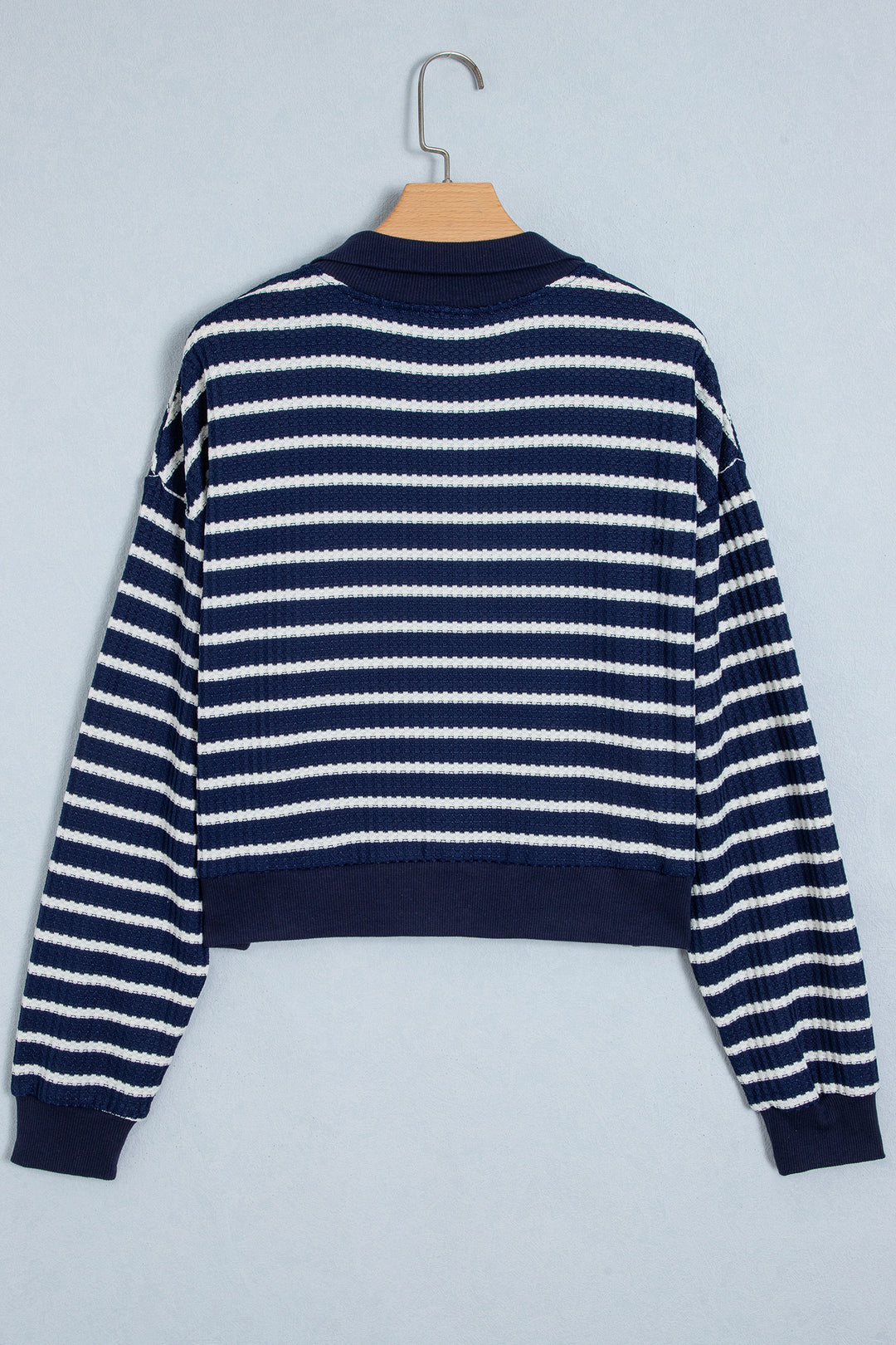 Blue Stripe Textured Knit Half Zip Collared Long Sleeve Top
