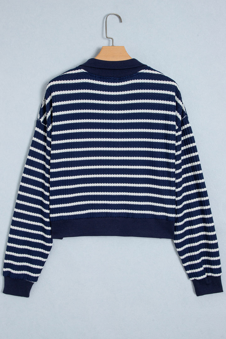 Blue Stripe Textured Knit Half Zip Collared Long Sleeve Top