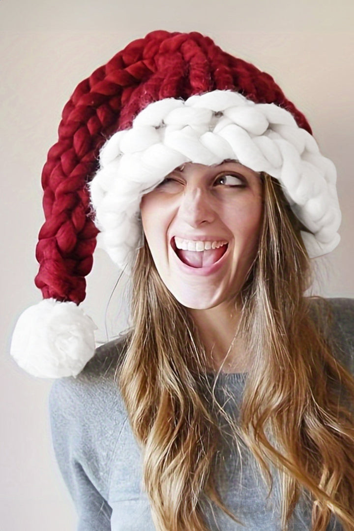 Color Block Pom Pom Decor Chunky Knitted Christmas Hat
