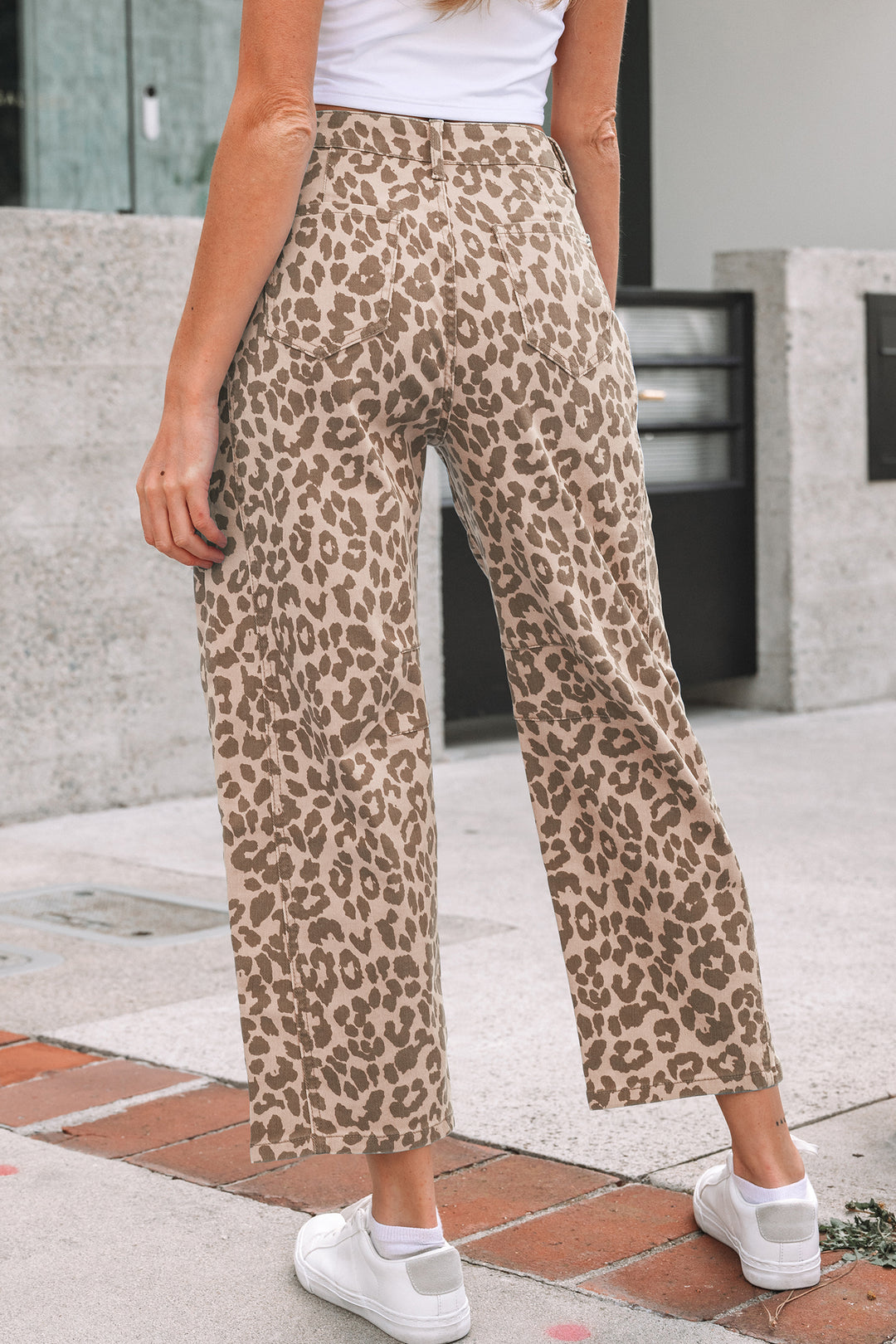 Khaki Leopard Print Barrel Leg Jeans