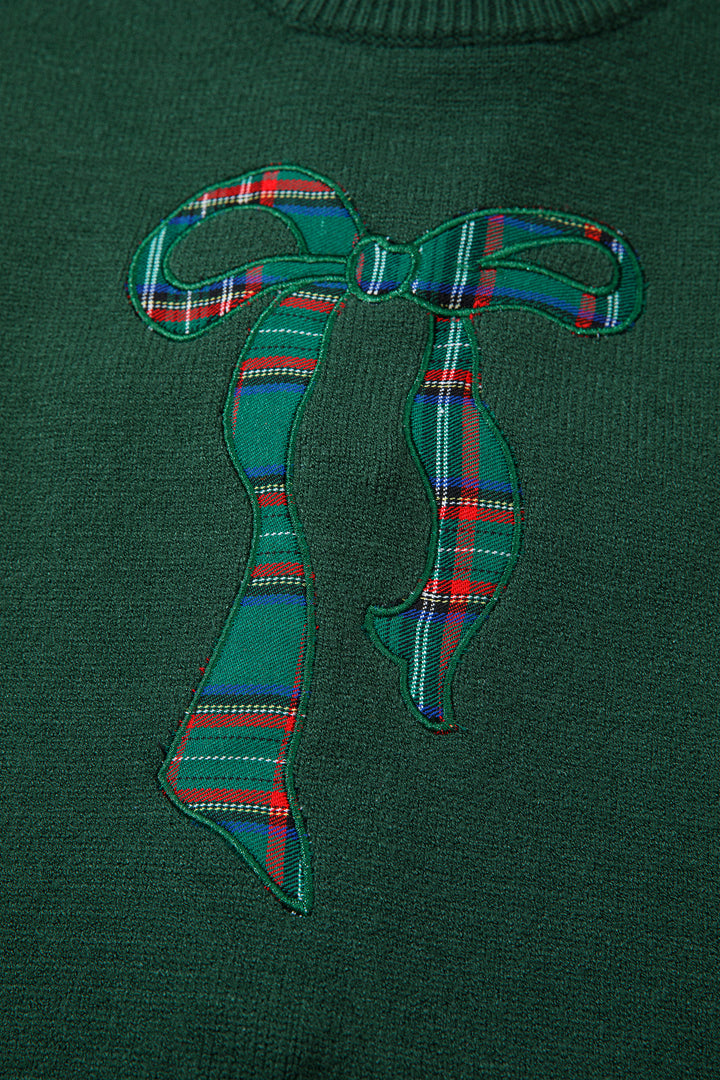 Blackish Green Plaid Bow Detail Drop Shoulder Christmas Sweater