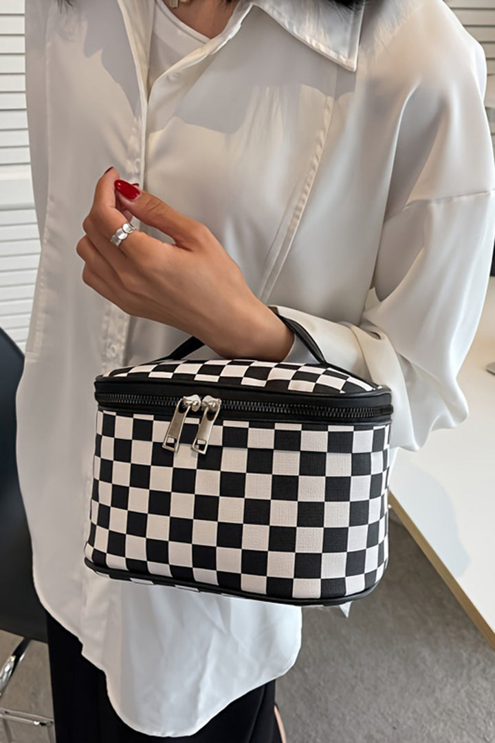 Checkered Zipper Large Cosmetic Bag with Handle