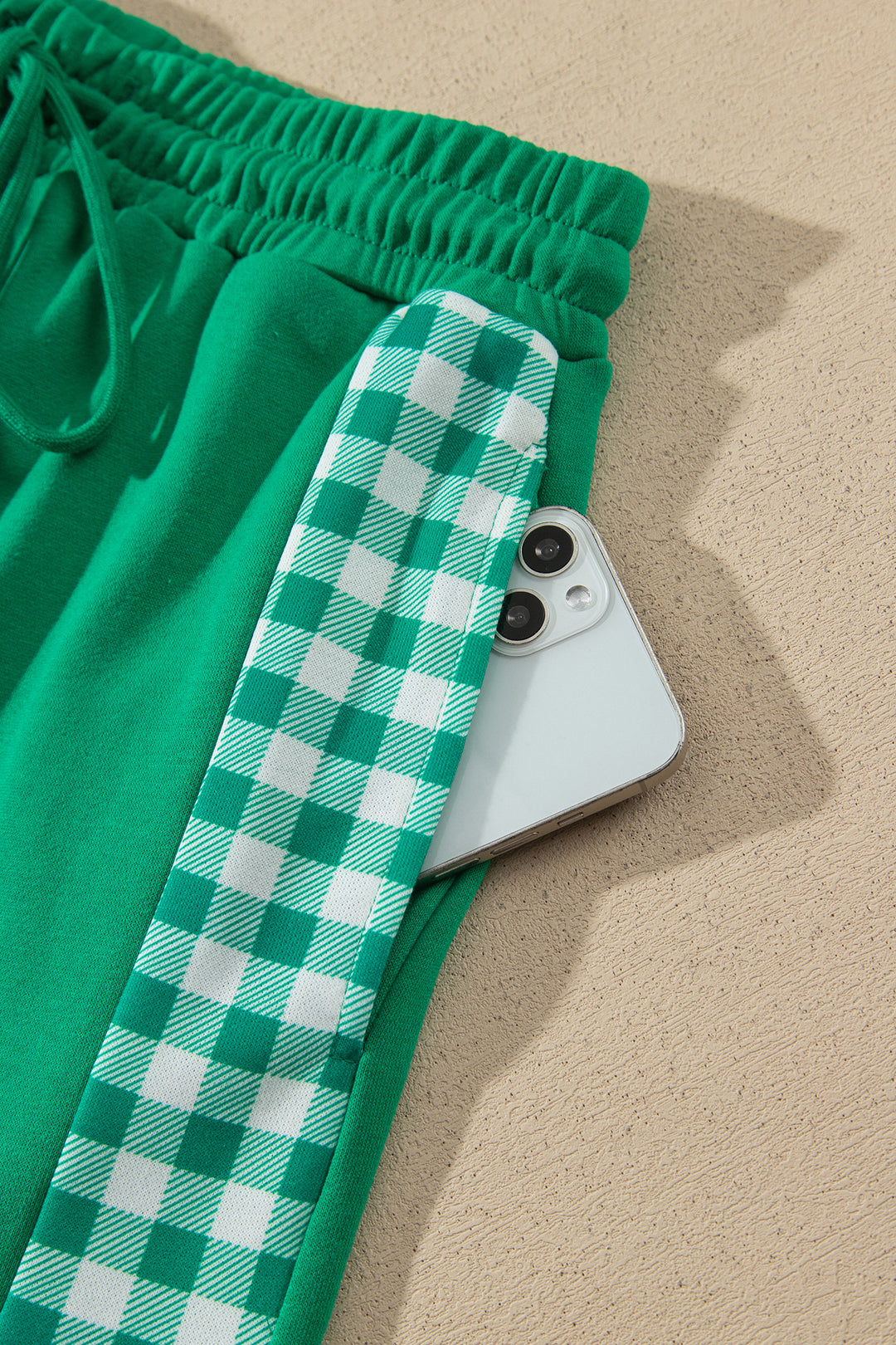 Bright Green Plaid Patchwork Half Zip Pullover Drawstring Short Set