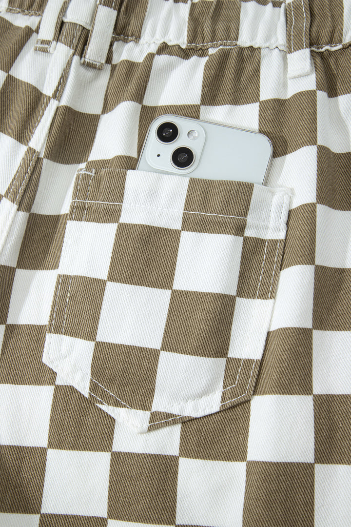 White Checkered Print Denim Barrel Pants