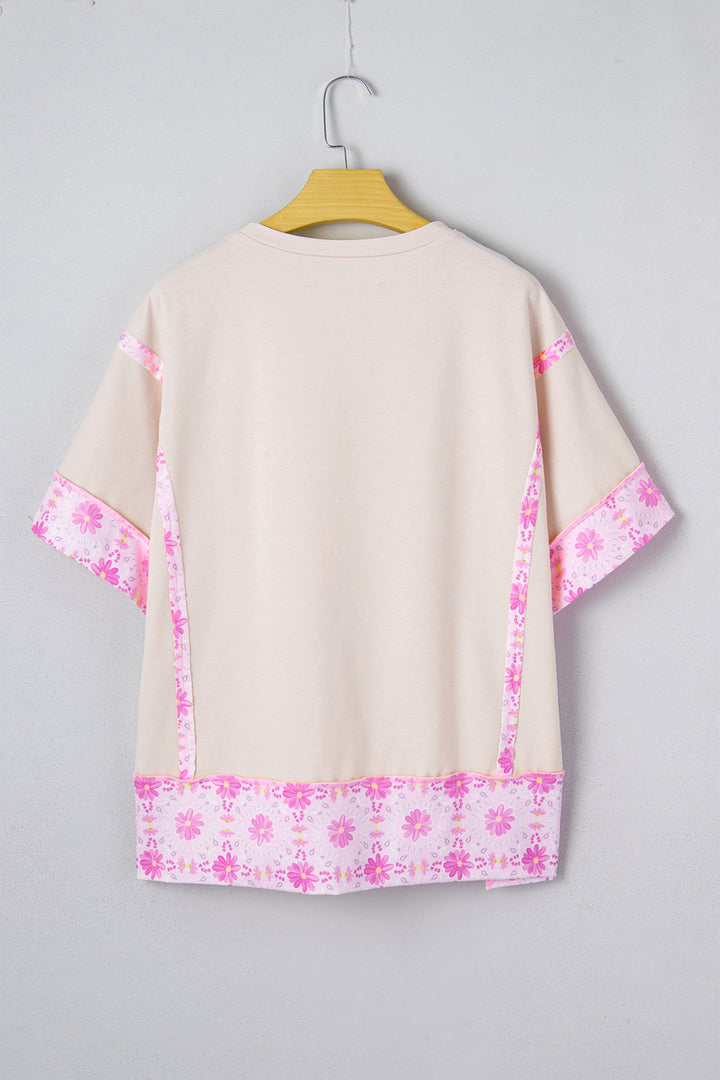 Apricot Daisy Floral Bow Contrast Patchwork Loose T Shirt
