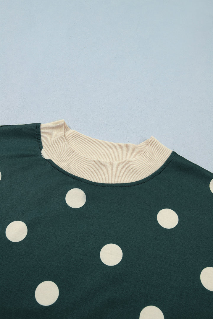 Green Polka Dot Print Trim Baggy Pullover Drawstring Skirt 2pcs Set