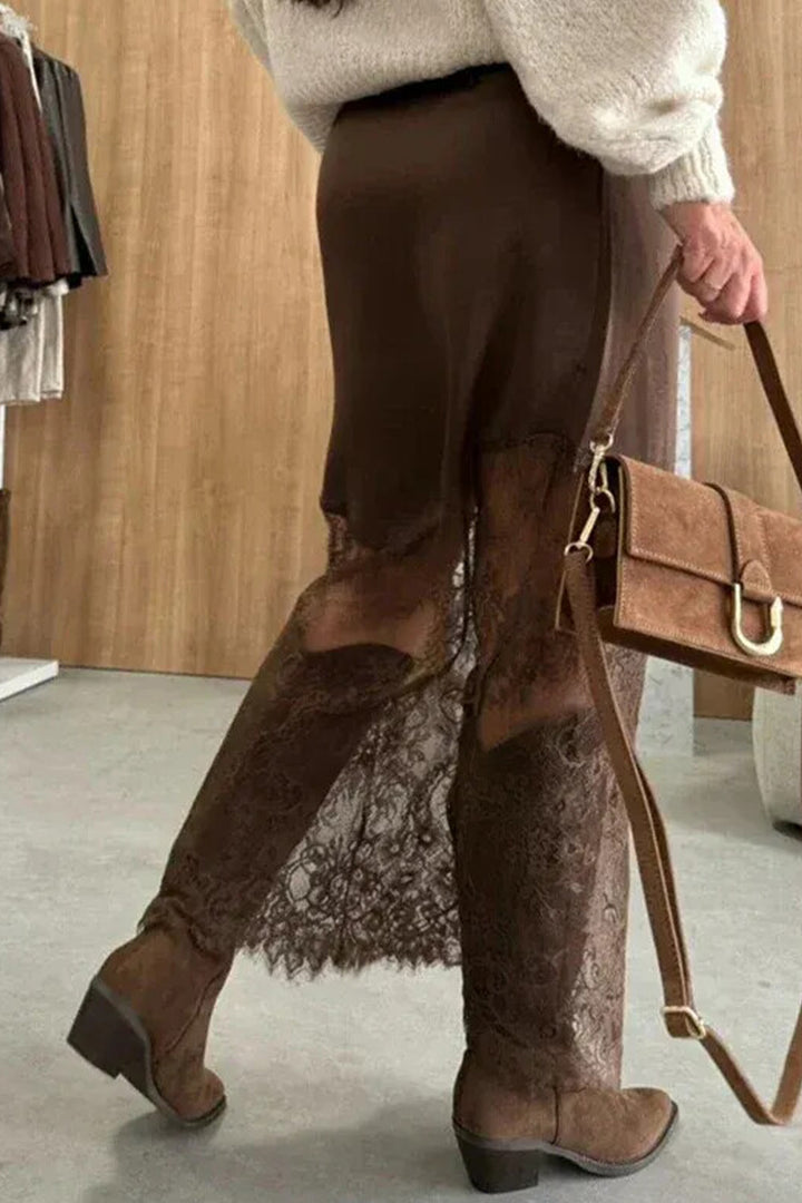 Casual Dark Brown Lace Patchwork Hem Shift Long Skirt