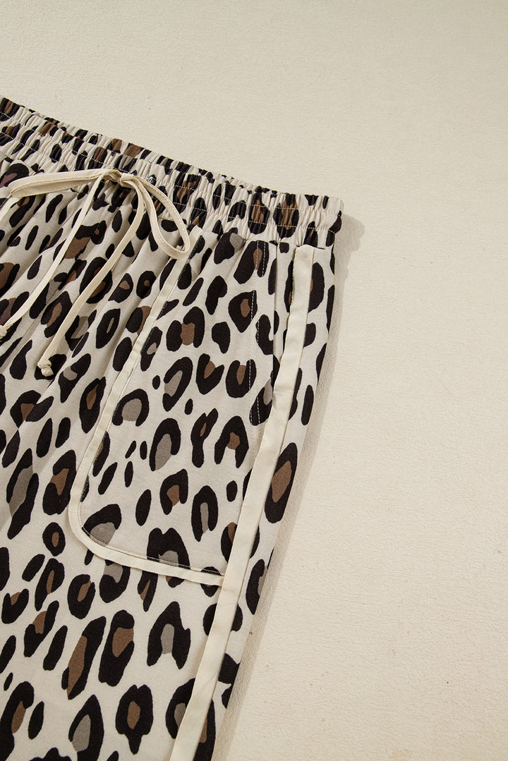 Khaki Leopard Wide Leg Cropped Pants