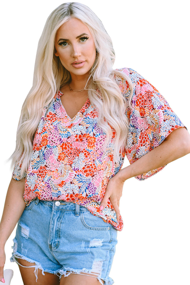 Multicolor Notch V Neck Gorgeous Floral Blouse