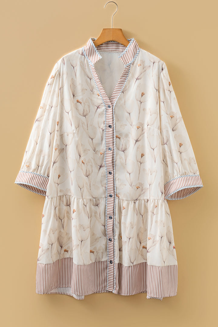 Khaki Plus Size Floral Print Striped Button Down A-line Dress