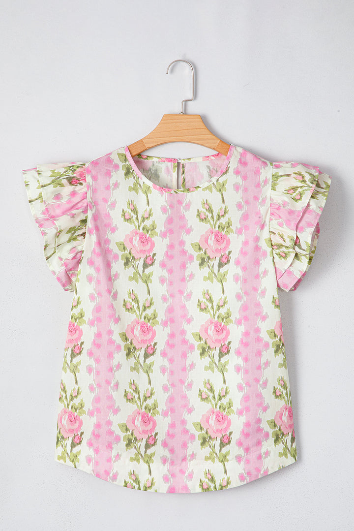 Pink Floral Print Ruffled Sleeve Summer Top