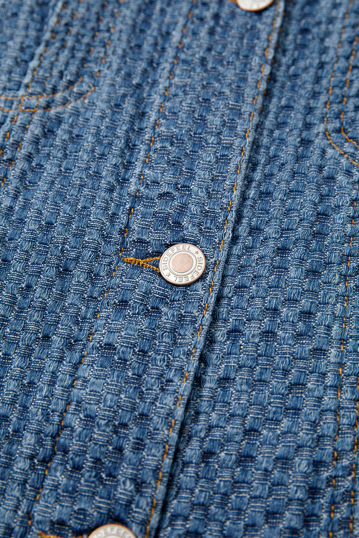 Blue Double Flap Pocket Denim Textured Button Down Jacket