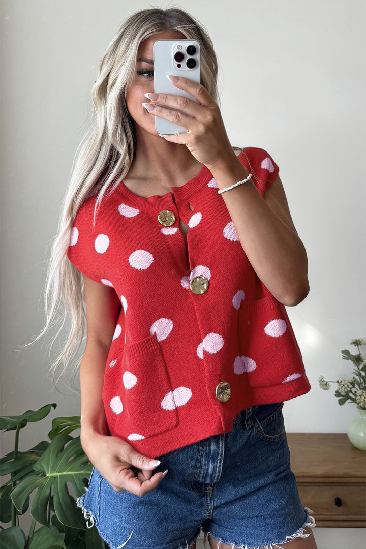 Red Polka Dot Sleeveless Knit Button Drop Shoulder Sweater Vest