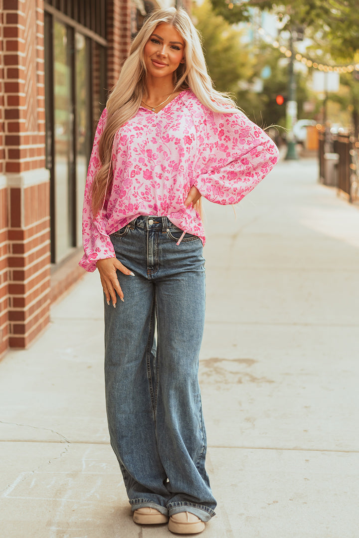 Floral Puff Sleeve Split Neck Lightweight Blouse