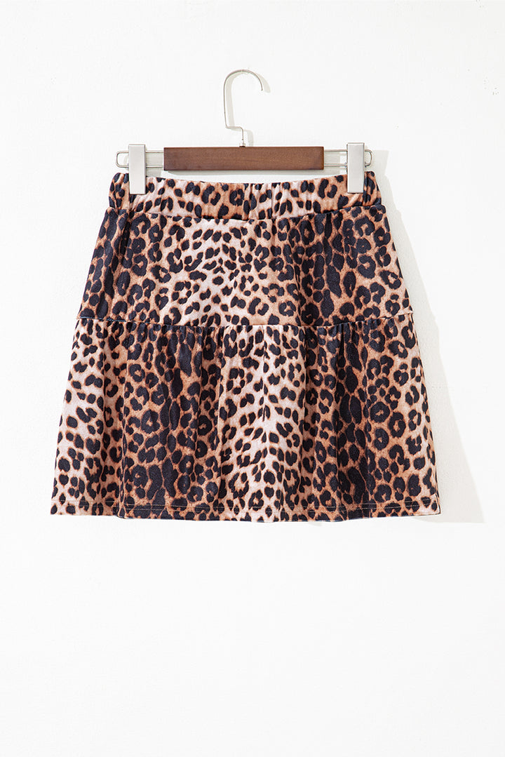 Fashion Brown Leopard Tiered Patchwork Hot Mini Skirt