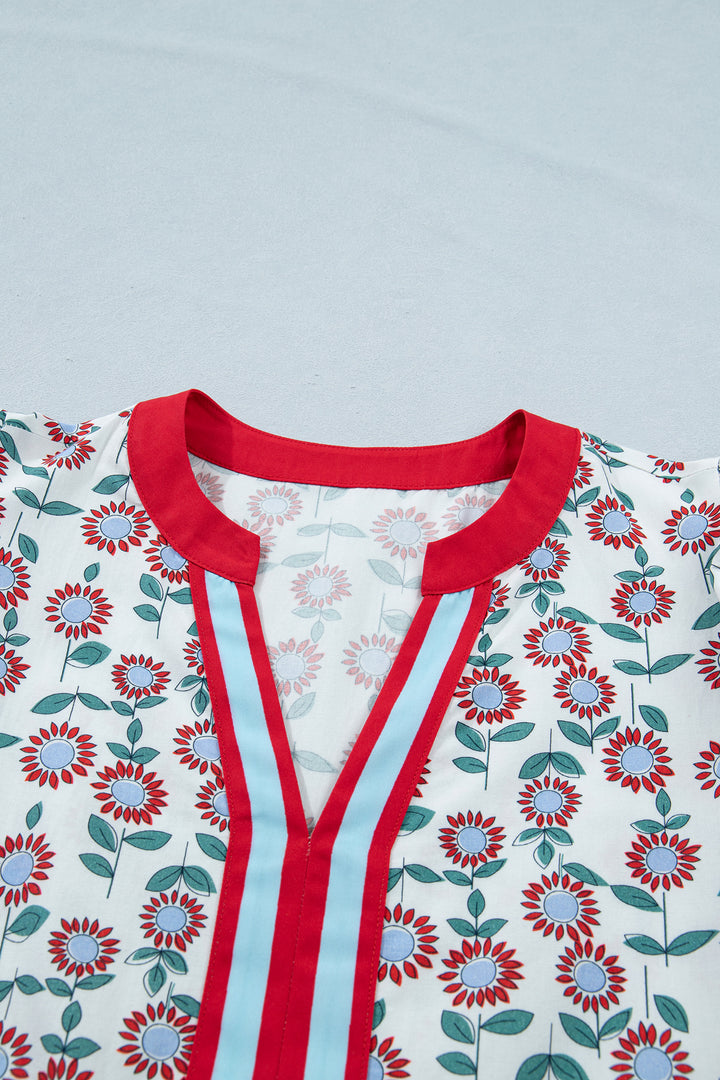 Red Sunflower Printed Contrast Trim V Neck Flutter Sleeve Blouse