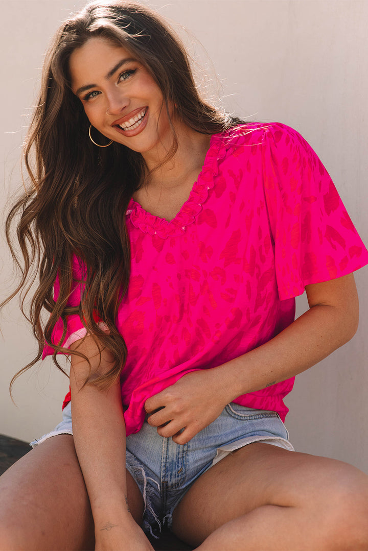 Leopard Frilly V Neck Short Sleeve Blouse