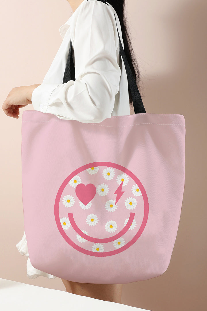 Smiley Face Daisy Print Canvas Large Capacity Tote Bag