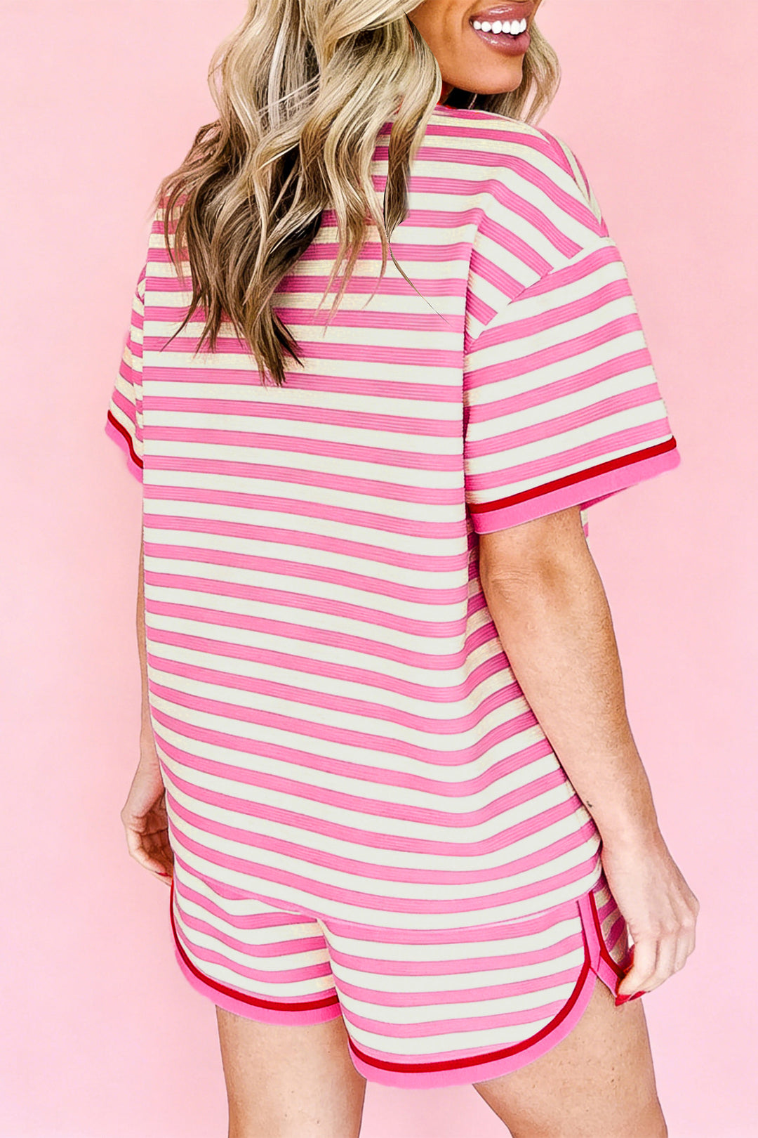 Pink Stripe Contrast Trim Short Sleeve Top Loose Shorts 2pcs Casual Outfit