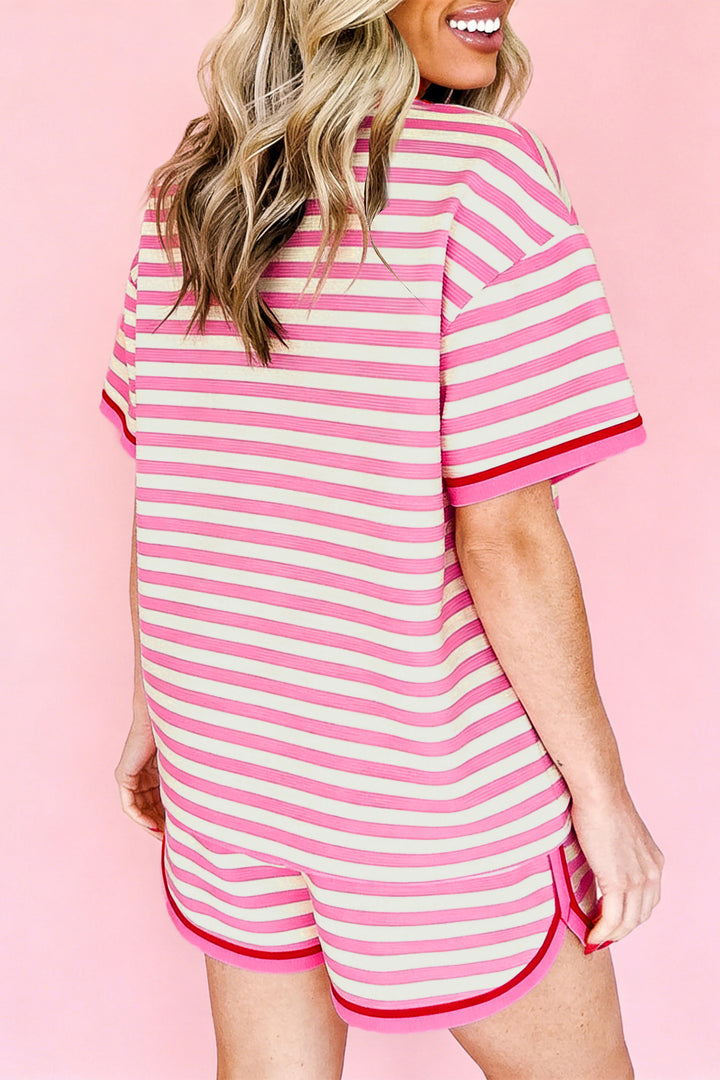 Pink Stripe Contrast Trim Short Sleeve Top Loose Shorts 2pcs Casual Outfit