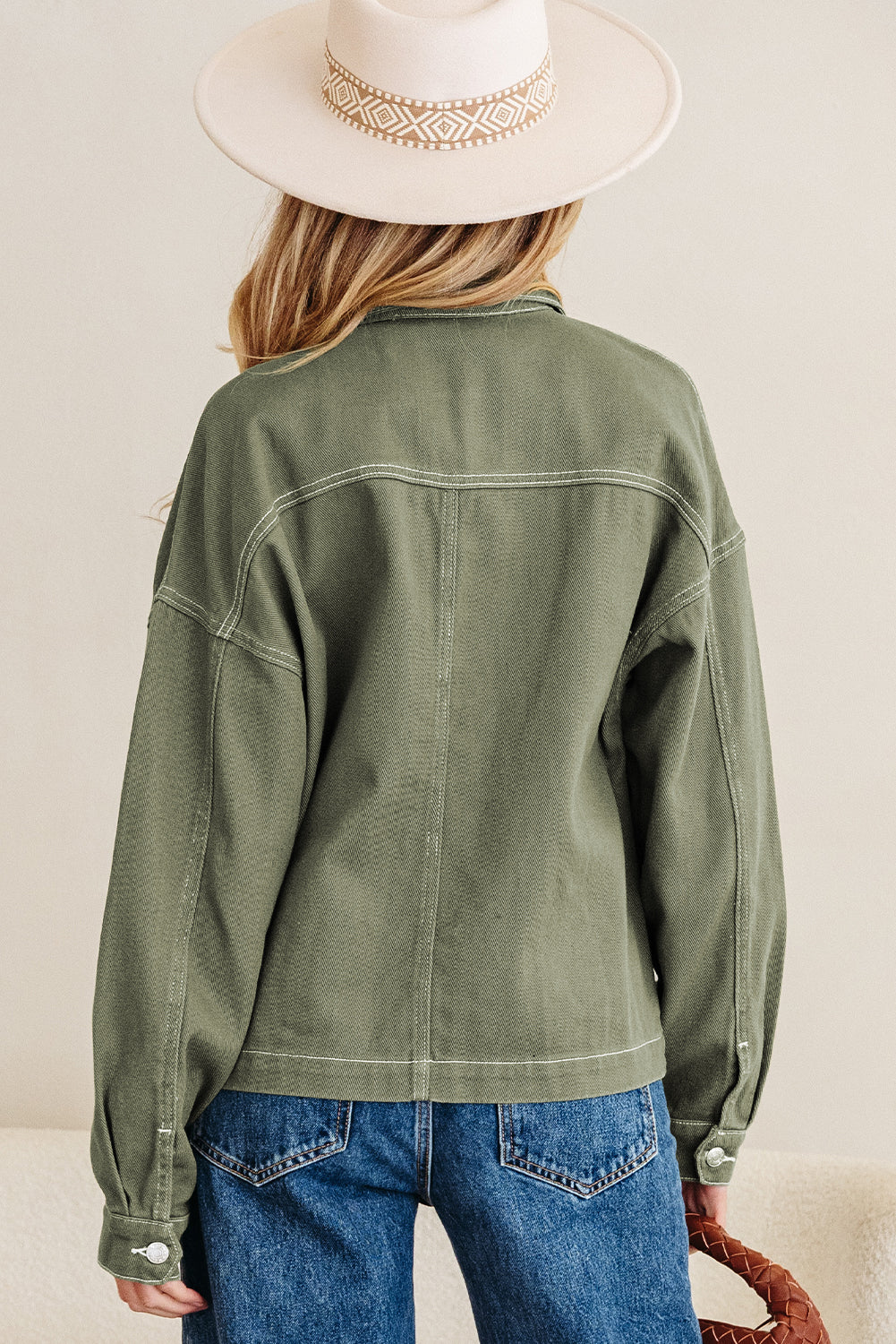 Patched Pocket Collared Button Front Boyfriend Denim Jacket