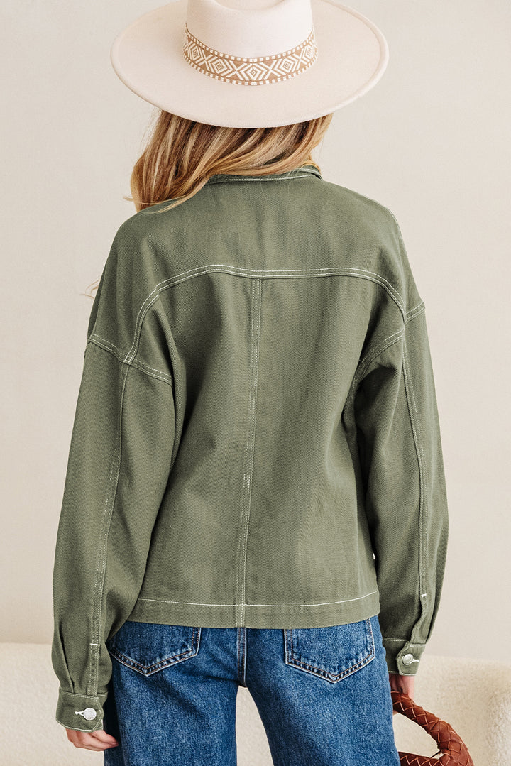 Patched Pocket Collared Button Front Boyfriend Denim Jacket