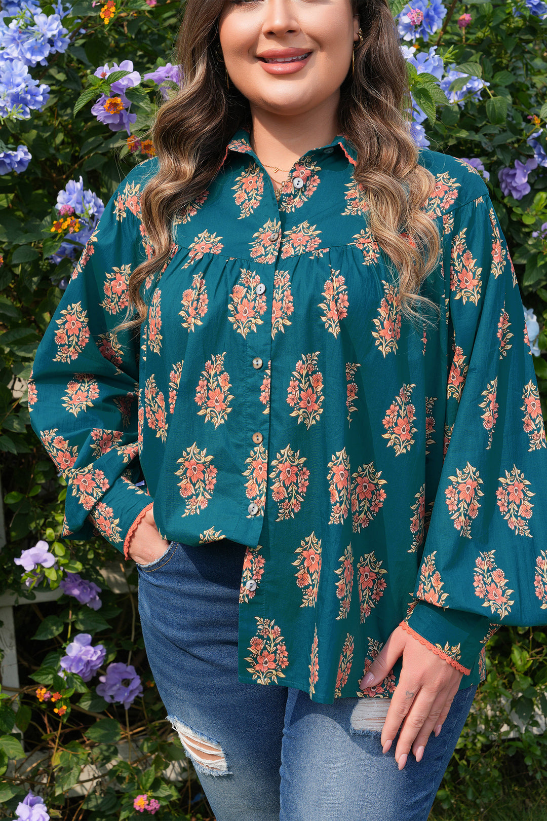 Green Plus Size Floral Print Contrast Lacy Trim Pleated Loose Shirt