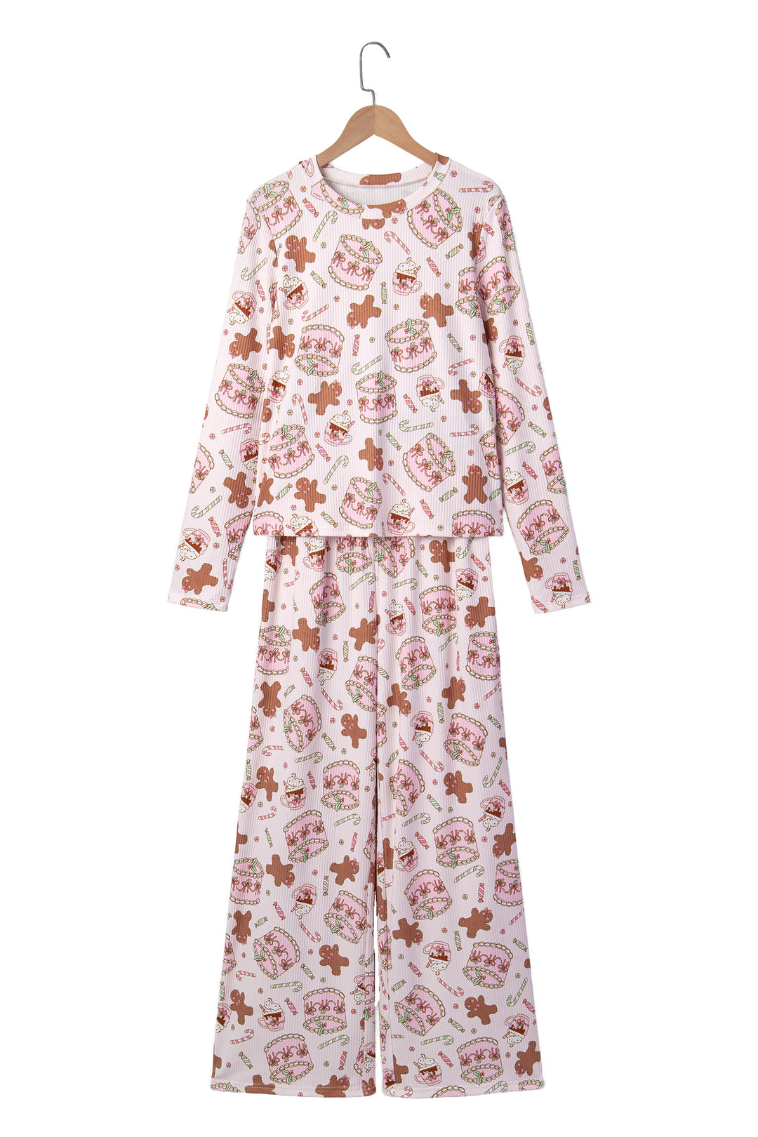 Pink Abstract Christmas Print Long Sleeve Two Piece Lounge Set