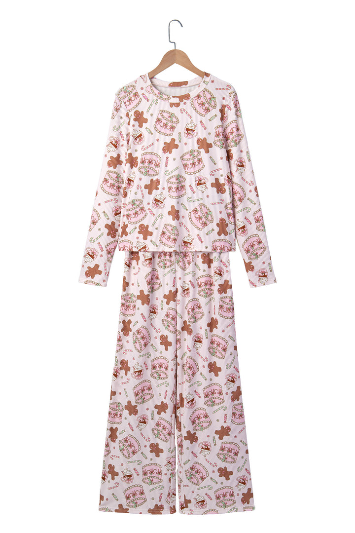 Pink Abstract Christmas Print Long Sleeve Two Piece Lounge Set