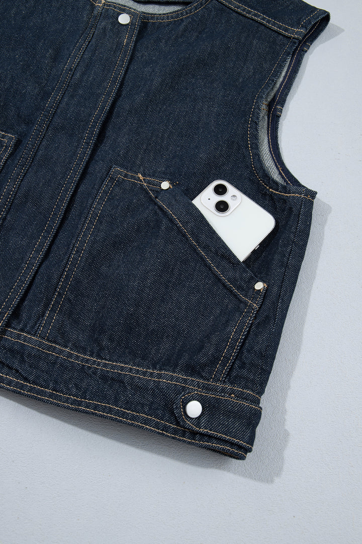 Navy Blue Vintage Denim Zipper Front Cowboy Vest