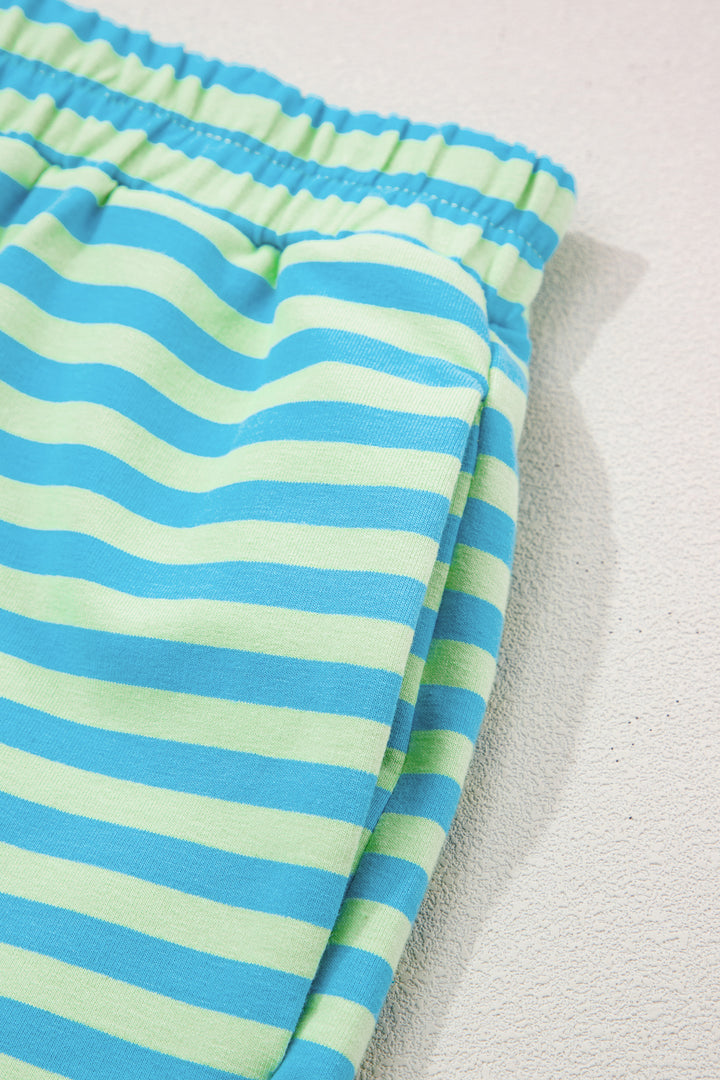 Green Stripe Color Block Detail Long Sleeve Pullover Elastic Waist Pull On Shorts 2pcs Set