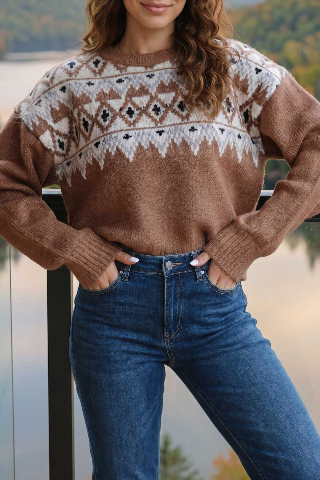Khaki Geometric Print Casual Pullover Sweater