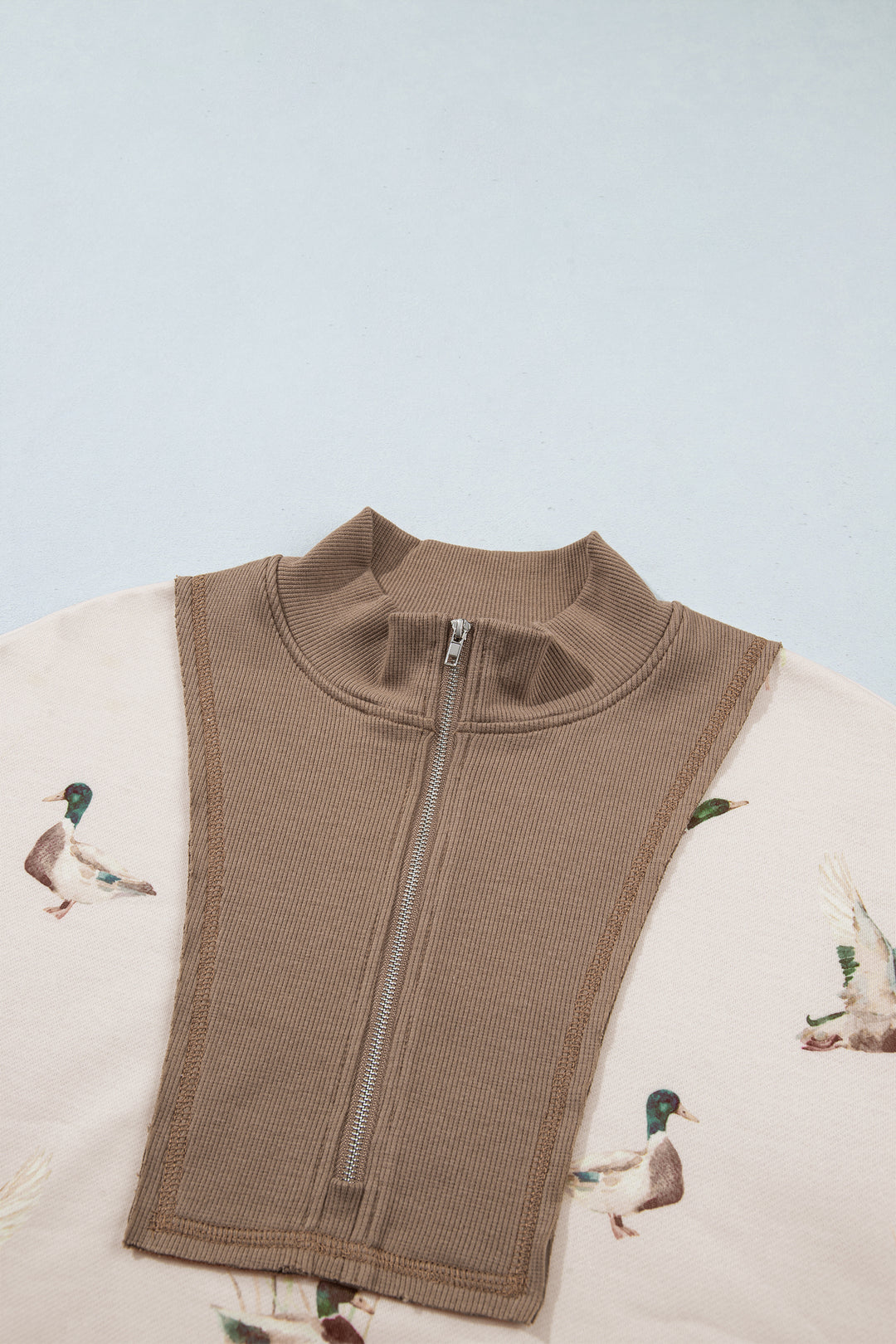 Khaki Mallard Print Color Block Patchwork Zip Pullover and Shorts Set